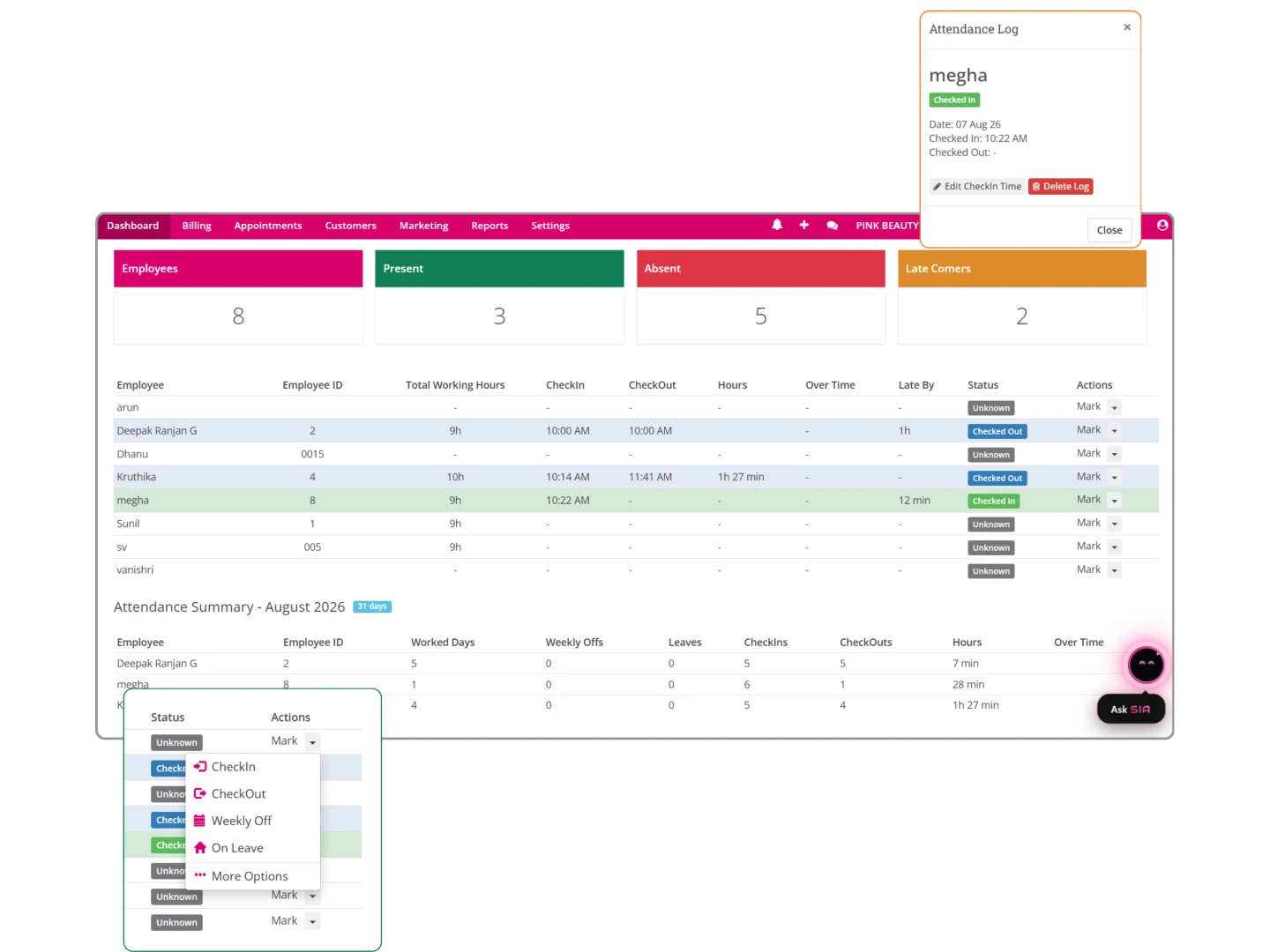 The Salonify attendance dashboard showing present, absent and late-comer counts, staff check-in and check-out times, and a monthly attendance summary