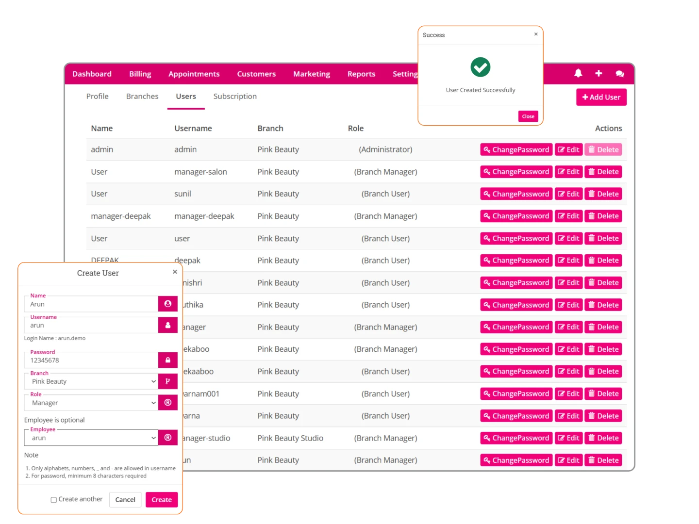 The Salonify Users screen listing staff logins with their branch and role, alongside the Create User form for setting a new role